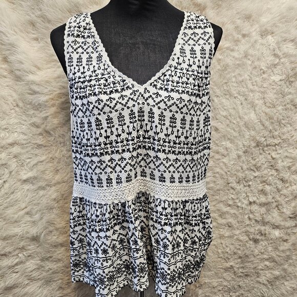 Anthropologie Maeve Women's Black and White Embroidery Boho Tank Top Size L - Picture 1 of 8